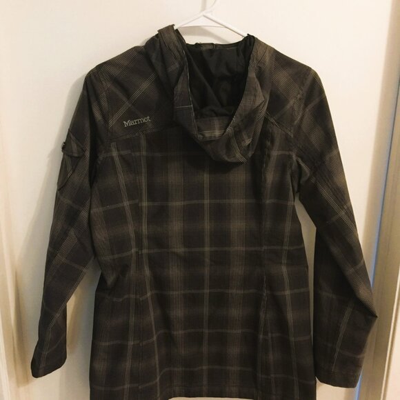 MARMOT GREY PLAID HOODED LONG RAIN JACKET - Picture 2 of 4